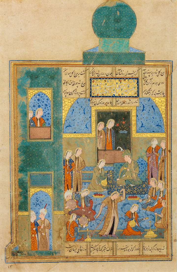 Bahram Gur visits the Turquoise Pavilion from Haft Peykar, from a manuscript of Khamsa of Nizami
